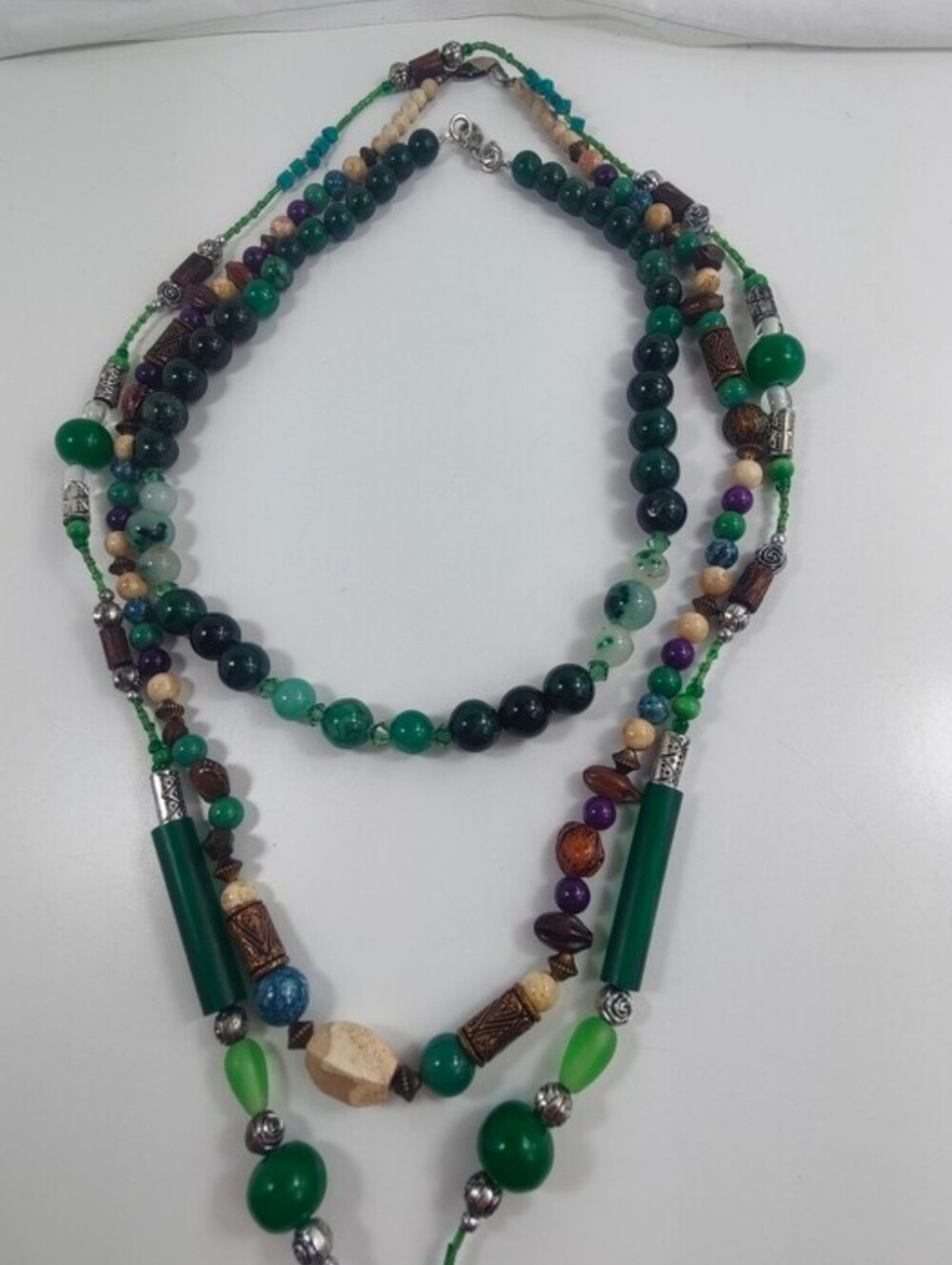 Boho Green Layered Necklace Bundle Jade Agate Jasper Glass Beads Artisan 3 Pc - Picture 4 of 16
